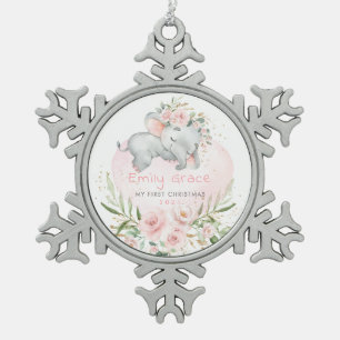 Ornement Flocon De Neige Éléphant Bébé Roses Roses 1er Premier Noël