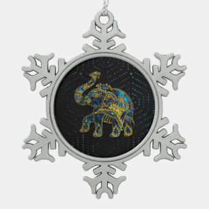 Ornement Flocon De Neige Éléphant vue par or sur le décor coloré d'ormeau