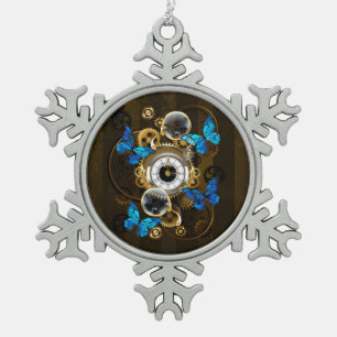 Ornement Flocon De Neige Engrenages à vapeur et papillons bleus