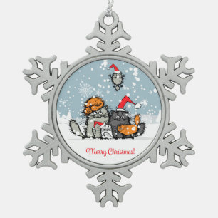 Ornement Flocon De Neige Famille de chats Noël, neige, dessin animé, drôle