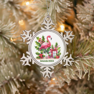 Ornement Flocon De Neige Festin Noël ajouter nom date rose flamingo