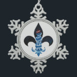 Ornement Flocon De Neige Fleur De Lis Snowman avec lumières<br><div class="desc">Un design Fleur de Lis avec un bonhomme de neige aux lumières de Noël</div>