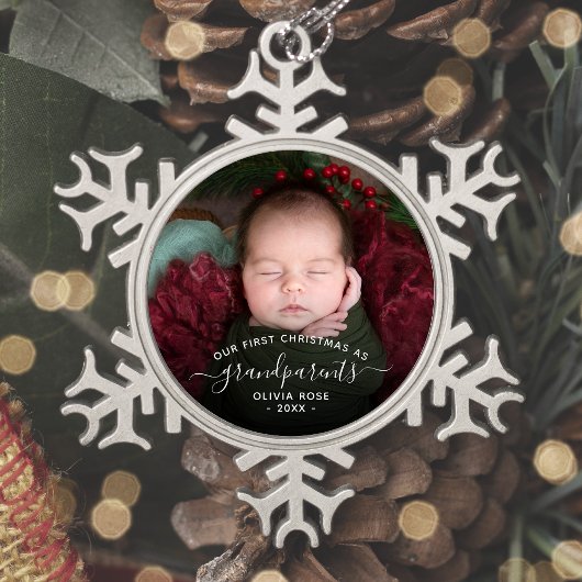Ornement Flocon De Neige Grandparents First Christmas Photo White Script