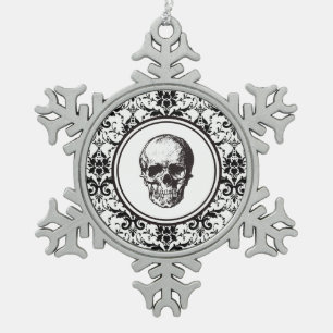 Ornement Flocon De Neige HALLOWEEN NOËL Crâne à motif damassé noir