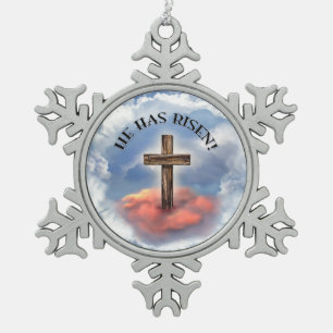 Ornement Flocon De Neige Il Est Ressuscité Rugged Cross Avec Nuages