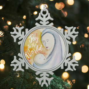 Ornement Flocon De Neige Joie au Monde Madone et Enfant Aquarelle