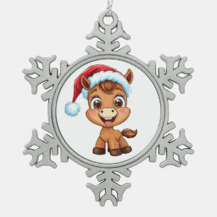 Ornement Flocon De Neige Joli Poney de Dessin Animé avec Chapeau et Écharpe