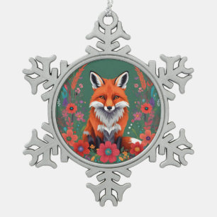 Ornement Flocon De Neige Joli renard rouge et fleurs