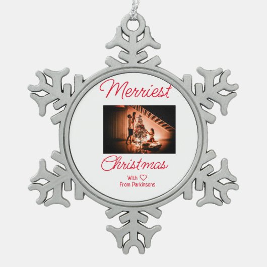 Ornement Flocon De Neige Joyeux Noël ajouter nom de famille photo rouge sim (Devant)