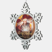 Ornement Flocon De Neige Joyeux Noël Famille Photo Élégant Script Or (Vue impression)