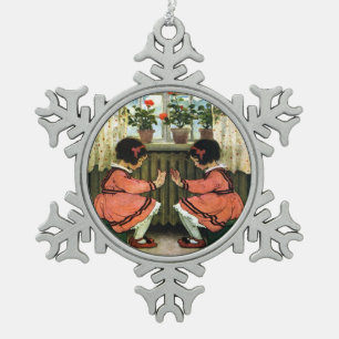 Ornement Flocon De Neige Jumeaux d'une chevelure noirs vintages habillés en