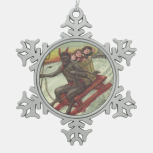 Ornement Flocon De Neige Krampus kidnappant des enfants sur un traîneau