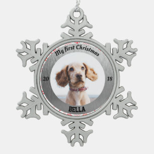 Ornement Flocon De Neige La première photo de Noël d'un chiot personnalis