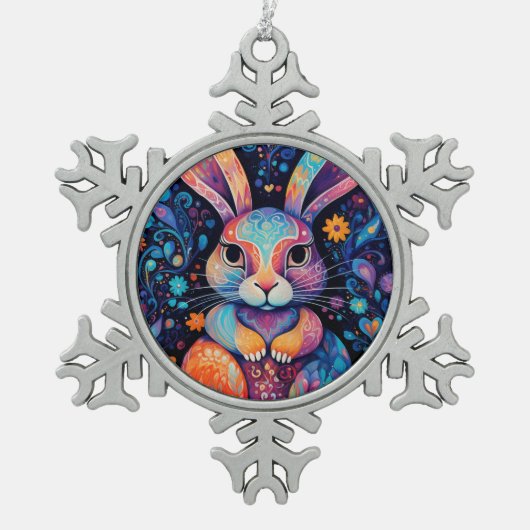 Ornement Flocon De Neige Lapin assis sur le coeur des fleurs (Devant)