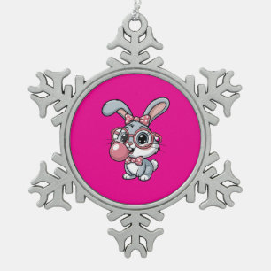 Ornement Flocon De Neige Lapin mignon avec des lunettes qui souffle du chew