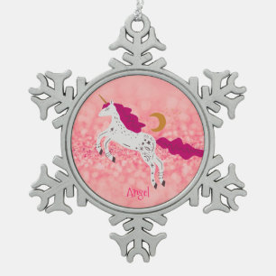 Ornement Flocon De Neige Licorne rose pailletée de Noël personnalisée