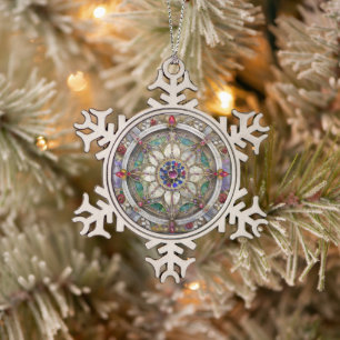 Ornement Flocon De Neige Mandala de rubis, d'améthyste, de saphir et de per