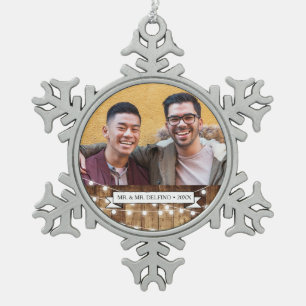 Ornement Flocon De Neige Mariage gai de nouveaux mariés en bois rustiques