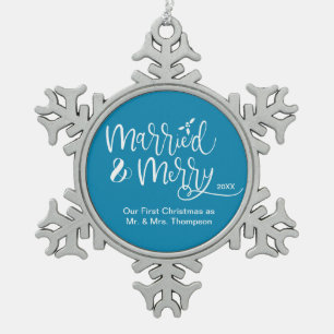 Ornement Flocon De Neige Marié & Joyeux marié 1er bleu de Noël