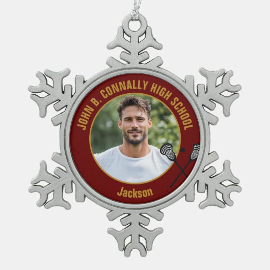 Ornement Flocon De Neige Maroon Gold Lacrosse Player Photo High School (Devant)