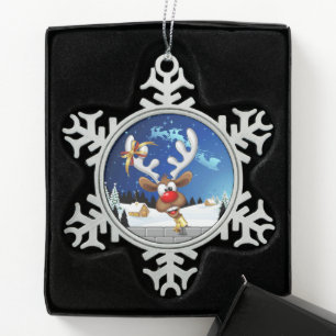 Ornement Flocon De Neige Mème de Noël drôle de renne qui regarde par-dessus