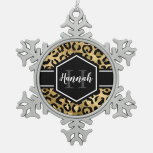 Ornement Flocon De Neige Monogramme de points de léopard noir or