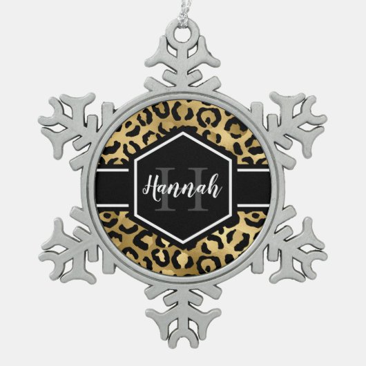 Ornement Flocon De Neige Monogramme de points de léopard noir or (Devant)