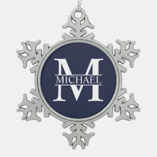 Ornement Flocon De Neige Monogramme et nom personnalisés bleu marine
