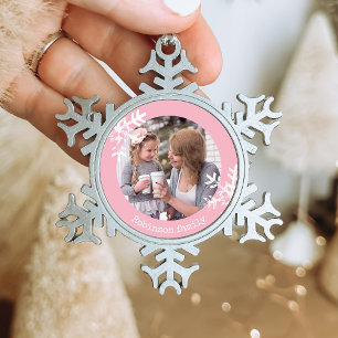 Ornement Flocon De Neige Monogramme photo personnalisé flocon de neige rose