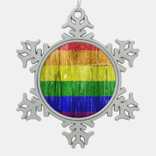 ORNEMENT FLOCON DE NEIGE MOTIF EN BOIS DE CARRÉ DE DRAPEAU D'ARC-EN-CIEL -