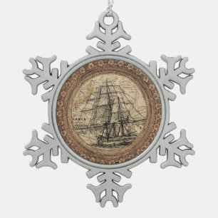 Ornement Flocon De Neige Navire et carte vintage