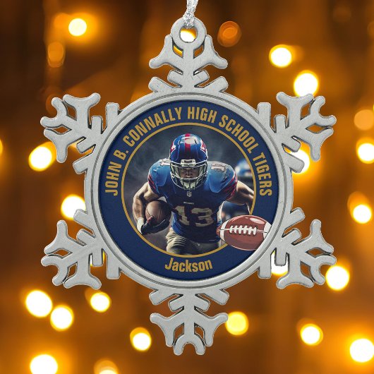 Ornement Flocon De Neige Navy Blue Gold High School Football Player Photo