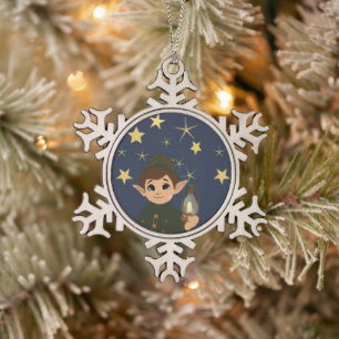Ornement Flocon De Neige Noël Adorable Elfe et Nuit Étoilée