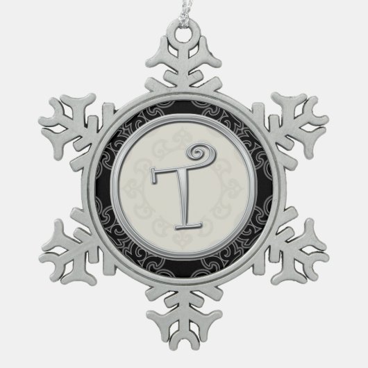 Ornement Flocon De Neige Noël argenté élégant du monogramme T (Devant)