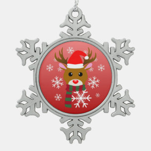 Ornement Flocon De Neige Noël blanc Rudolph le renne à nez rouge