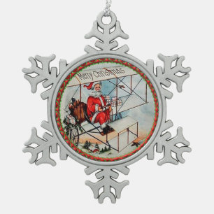 Ornement Flocon De Neige Noël Père Noël avec un vieil avion
