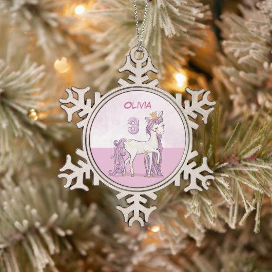 Ornement Flocon De Neige Nom personnalisé 3e anniversaire Cheval rose avec (Arbre)