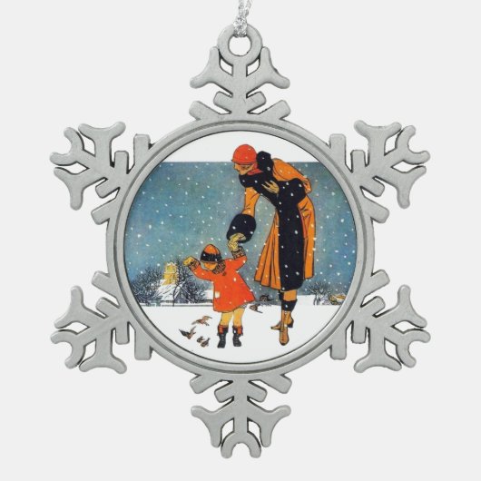 Ornement Flocon De Neige Nourrir les oiseaux dans la neige (Devant)