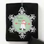 Ornement Flocon De Neige Oh quel amusant Noël Snowman Snowman Green<br><div class="desc">Un joli design de Noël minimaliste qui comprend une peinture numérique naïve d'un bonhomme de neige portant le casquette rouge assorti,  foulard et mitaines sur un arrière - plan vert sage avec le texte : Oh What Fun! Vous pouvez customiser le texte en fonction de vos besoins.</div>