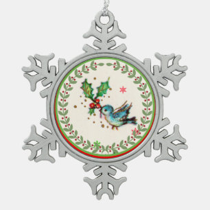 Ornement Flocon De Neige Oiseau bleu mignon avec le houx vert et rouge
