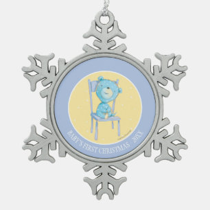Ornement Flocon De Neige Ours bleu de calicot souriant sur la chaise