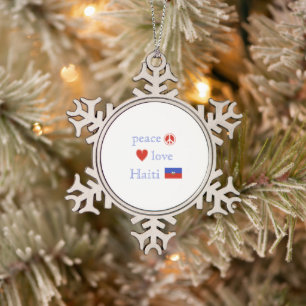 Ornement Flocon De Neige Peace Love Haïti Drapeau et coeur
