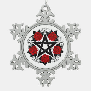 Ornement Flocon De Neige Pentagramme aux roses rouges