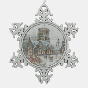 Ornement Flocon De Neige Père Noël ancienne avec enfants devant une église