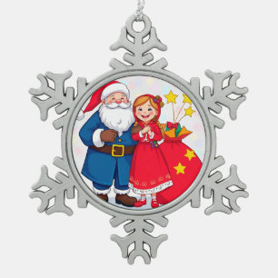 Ornement Flocon De Neige Père Noël et fille avec un sac de cadeaux