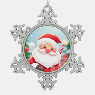Ornement Flocon De Neige Père Noël joyeux tenant un bâton de bonbon