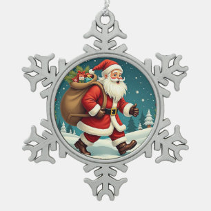 Ornement Flocon De Neige Père Noël livrant des cadeaux à travers une forêt