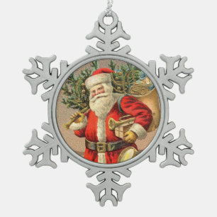 Ornement Flocon De Neige Père Noël vintage apportant des présents et un arb