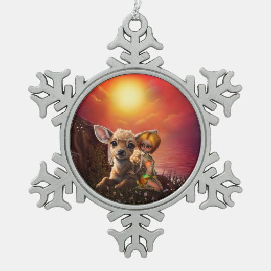 Ornement Flocon De Neige Petite fée et le mignon faon. (Devant)