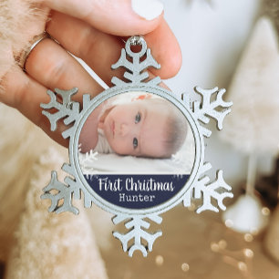 Ornement Flocon De Neige Photo bébé bleu marine Premier Noël Flocon de neig